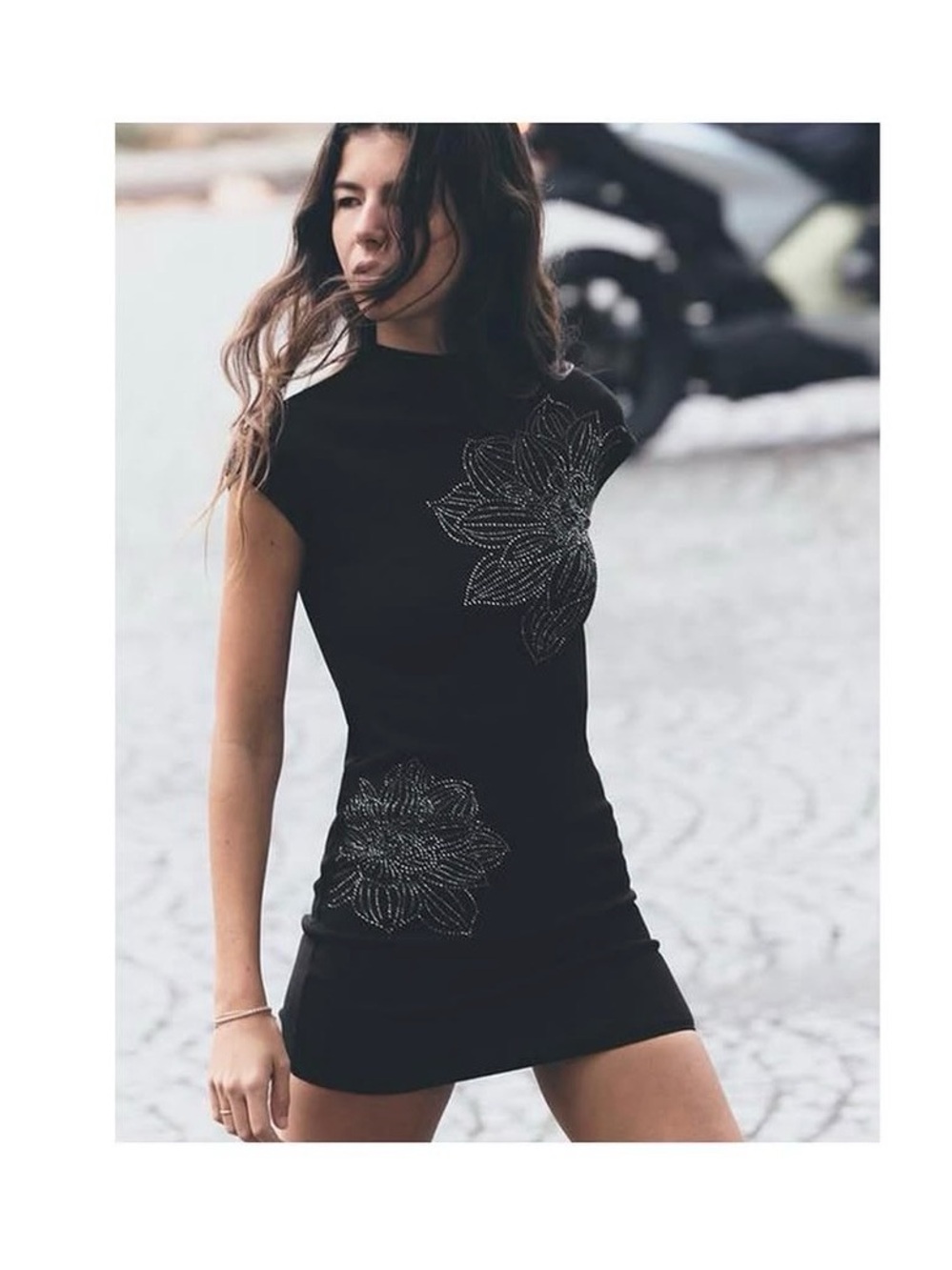 Zara Black Mini Dress with Crystal Floral Accents